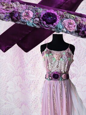Handmade Purple Lavender Embroidered Rose Sash Ethereal Romance Mermaidcore Lace